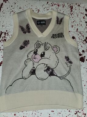 Broken Promises Cream Pink Cartoon V-Neck Sweater Vest